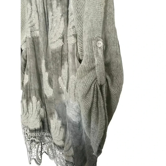 Belle France Boho Lagenlook Sage Embellished Lace Tunic Knit Chiffon Top Size L - Picture 4 of 10